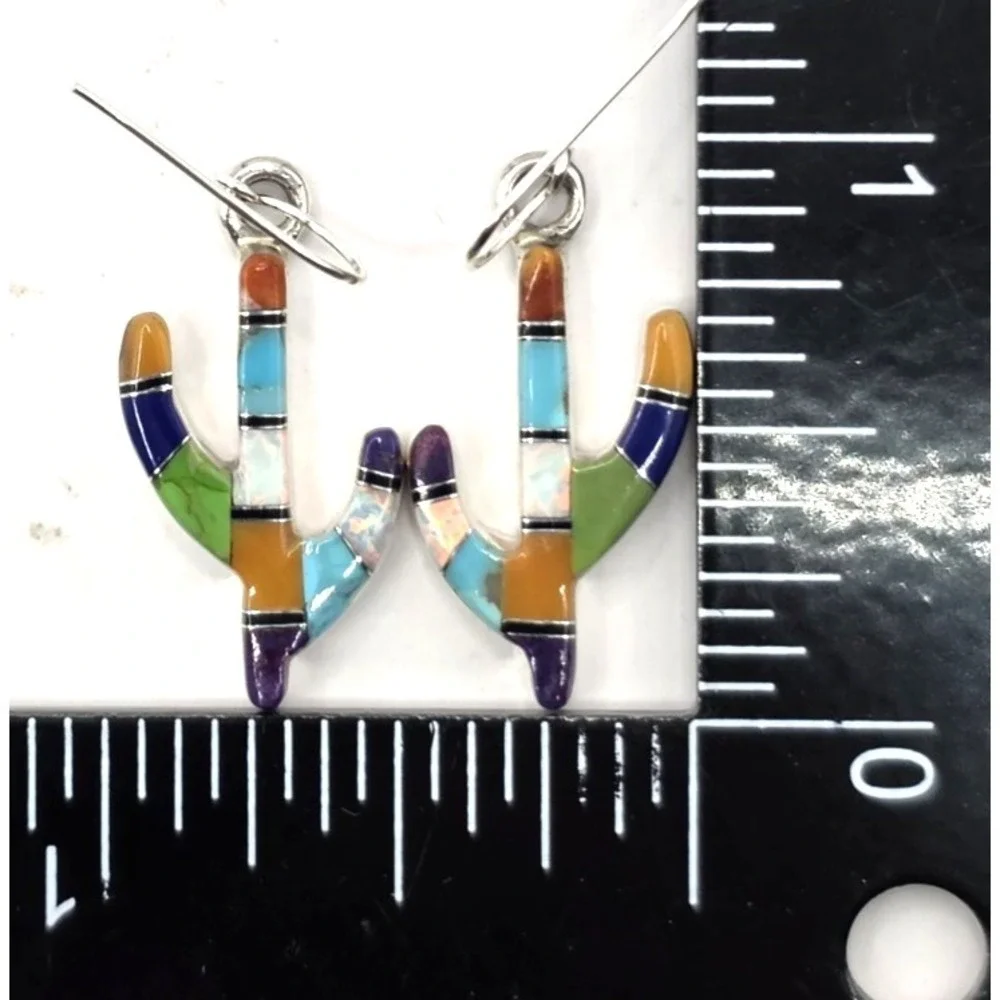 Multi-Gemstone Cacti Earrings Sterling Silver Inlays 0.94" Handmade Signed NEW - Picture 8 of 13